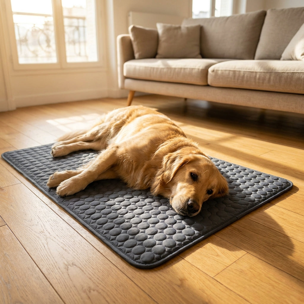 Chien au repos sur un tapis fraîcheur dans un intérieur lumineux